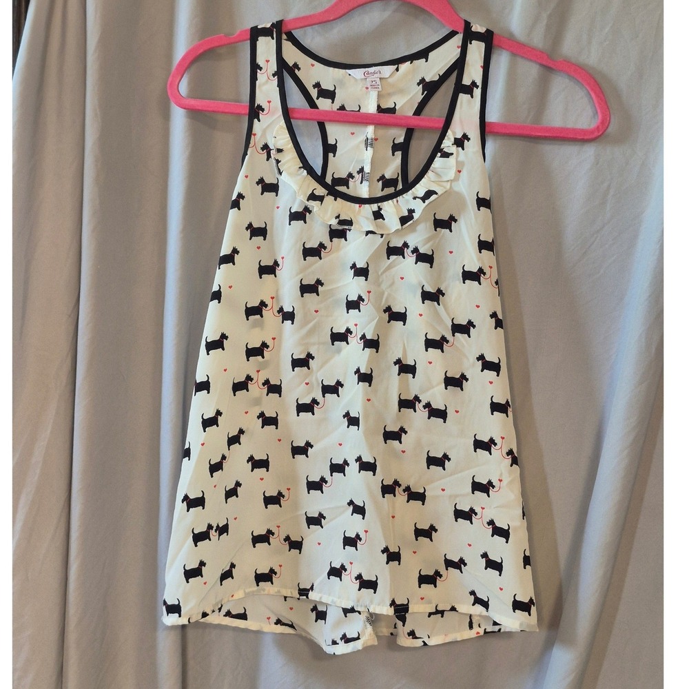 Candies Womens XS White Scotty Dog Print Ruffle Racerback Tank Top Sleeveless